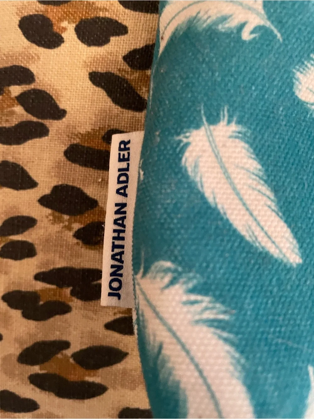 Jonathan Adler Teal and White Feather Print Pouch with zip 8.5 x 7”